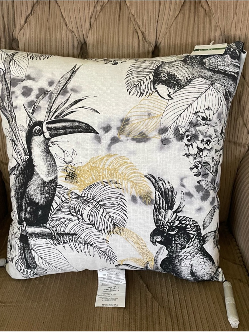 Tropical Bird Decorative Throw Pillow in Black, White & Gold